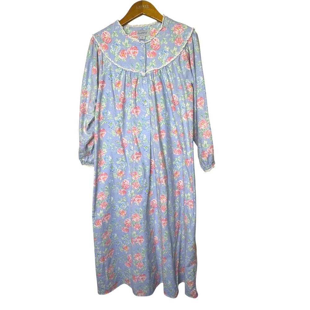 Lanz of Salzburg Flannel Nantucket Roses Nightgown Small Blue Periwinkle